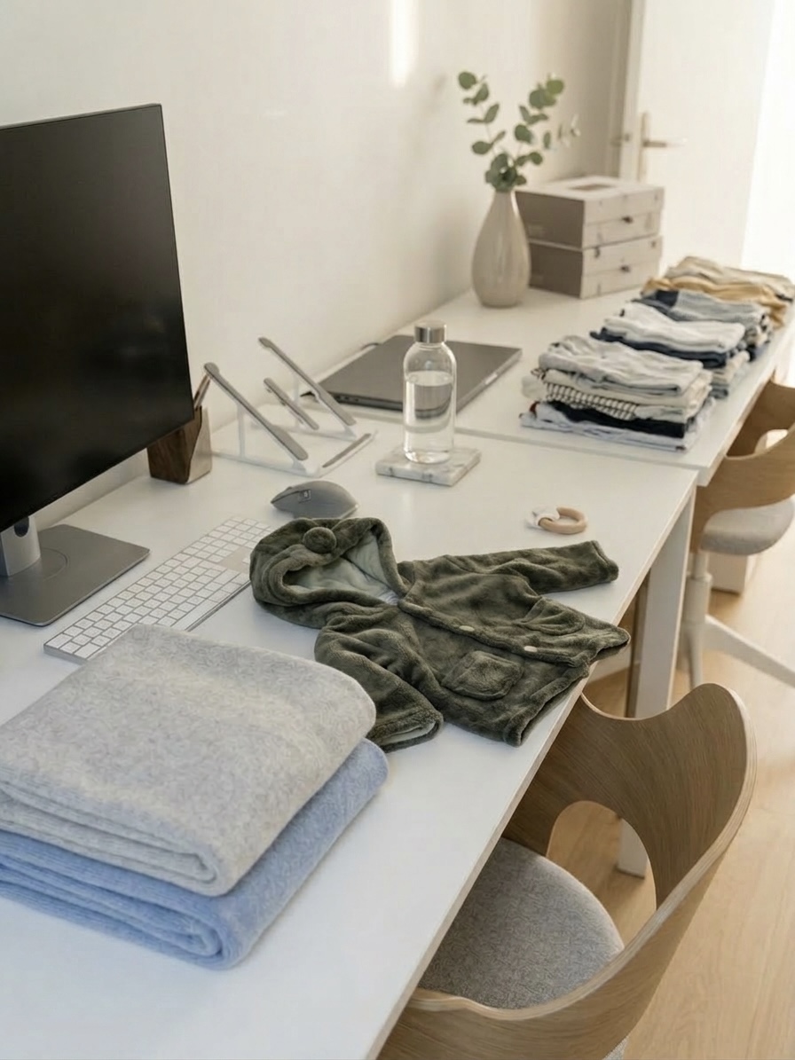 Home-Office-Schreibtisch mit Monitor und Tastatur, daneben zusammengelegte Babykleidung und Decken — Arbeiten in der Elternzeit.